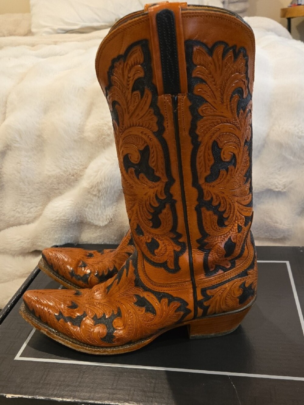 Lucchese Black And Brown Tooled Leather Cowboy Boots - Picture 2 of 9